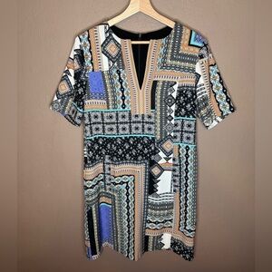 Nanette Lepore Patchwork Geometric Printed Dress with Pockets Size 10 Indie Boho